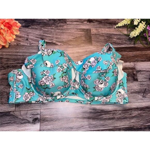 Turquoise Skull Rose Ruffle Bandeau Swim Top Plus Size 3 - Picture 4 of 8